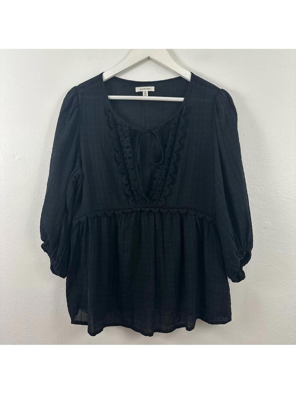 Max Studio Black Split Tie Shirt Women's Size M